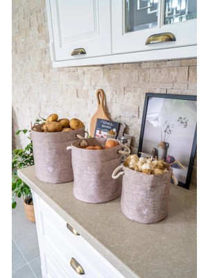 Getittir Kulplu Yuvarlak Düzenleyici Çok Amaçlı Kolay Taşınabilen Organizer Keçe Sepet (3'lü Set) ( Lisinya )