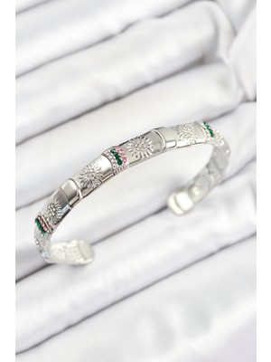 Getittir Pirinç Karışık Zirkon Taşlı Çiçek Model Gümüş Renk Altı Açık Kadın Bileklik - Lisinya