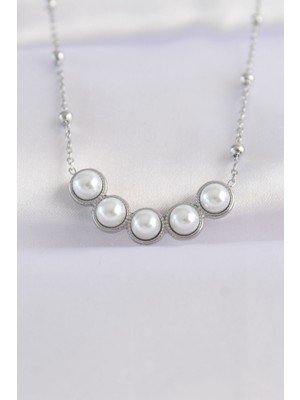 Getittir 316L Çelik Zincir Gümüş Renk Sıralı Inci Taşlı Kolye - Lisinya