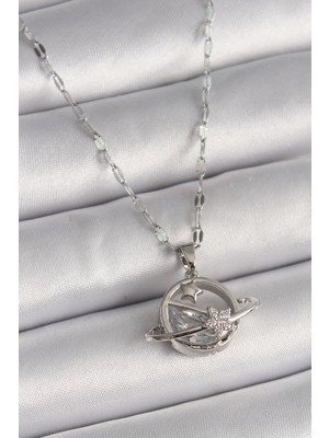 Getittir 316L Çelik Gümüş Renk Zincir Zirkon Taşlı Yıldız Detay Gezegen Model Kadın Kolye - Lisinya