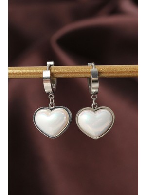 Getittir 316L Çelik Gümüş Renk Beyaz Bombeli Kalp Küpe - Lisinya