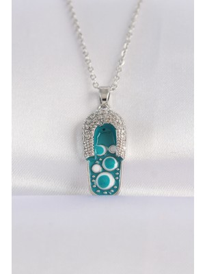 Getittir 316L Çelik Zincir Zirkon Taşlı Gümüş Renk Nazarlı Terlik Tasarımlı Kolye - Lisinya