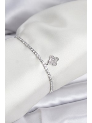 Getittir Yonca Model Zirkon Taşlı Gümüş Renk Asansörlü Su Yolu Bileklik - Lisinya