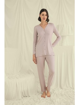 Aria's Closet Arias Closet Uzun Kollu Boydan Düğmeli V Yaka Pijama Takımı