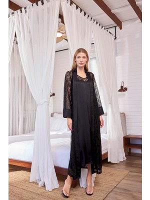 Aria's Closet Arias Closet %100 Viskon Dantelli ve Dekolteli Saten Sabahlık Takımı