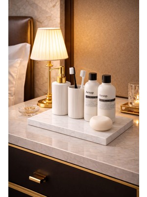 Beyaz Mermer Banyo Düzenleyici ve Sunum Tepsisi - Dekoratif Tezgah Üstü Organizer 15X30 cm