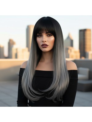 Pazarcan Fiber Sentetik Uzun Düz Kahküllü Peruk / Siyah Gri Ombreli