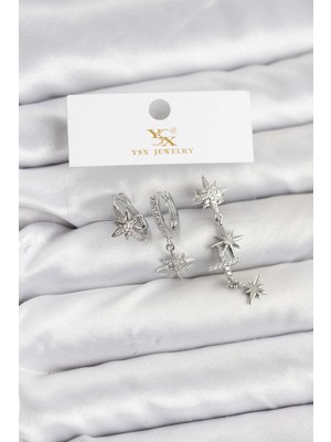 Getittir Pirinç Gümüş Renk Zirkon Taşlı Kutup Yıldızı Model Ysx Trio Küpe Seti - Lisinya