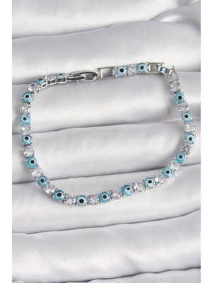 Getittir Pirinç Gümüş Renk Su Yolu Zirkon Taşlı Nazar Boncuklu Kadın Bileklik - Lisinya