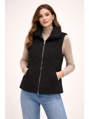 Pengora Welsoft Kuzu Desen Peluş Kadın Yelek Astarlı Çift Cepli Rahat Kalıp