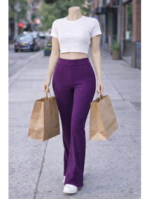 Belpa Kadın Ispanyol Paça Fitilli Yüksek Bel Toparlayıcı Tayt Curve Büyük Beden