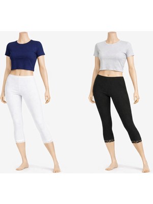 Belpa Diz Altı Dantell Pamuklu Tayt,penye Tayt, Kapri Tayt %100 Pamuklu Büyük Beden Tayt Ikili Paket