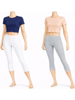 Belpa Diz Altı Dantell Pamuklu Tayt,penye Tayt, Kapri Tayt %100 Pamuklu Büyük Beden Tayt Ikili Paket