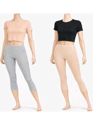 Belpa Diz Altı Dantell Pamuklu Tayt,penye Tayt, Kapri Tayt %100 Pamuklu Büyük Beden Tayt Ikili Paket