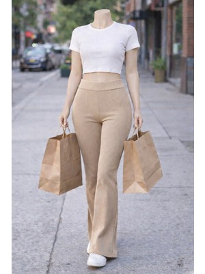 Belpa Kadın Ispanyol Paça Fitilli Yüksek Bel Toparlayıcı Tayt Curve Büyük Beden