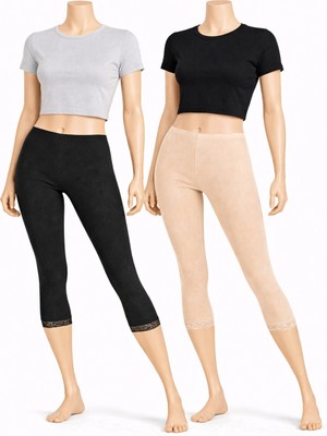 Belpa Diz Altı Dantell Pamuklu Tayt,penye Tayt, Kapri Tayt %100 Pamuklu Büyük Beden Tayt Ikili Paket