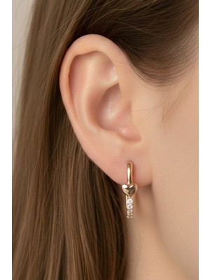 Normadia Şık Kalp Detaylı Oval Halka Küpe, Zirkon Taşlı, 18K Rose Gold