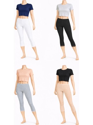 Belpa Diz Altı Dantell Pamuklu Tayt,penye Tayt, Kapri Tayt %100 Pamuklu Büyük Beden Tayt 4'lü Paket