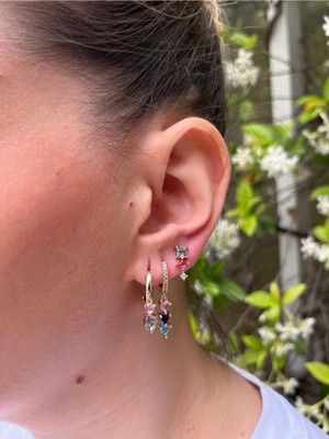 Normadia Renkli Taşlı 14K Gold Renk 3’lü Kalpli Küpe Seti, Çelik, Kararmaz