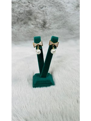 Normadia Şık Çelik Küpe Taşlı Kordela Incili Gold Çerçeveli Takı