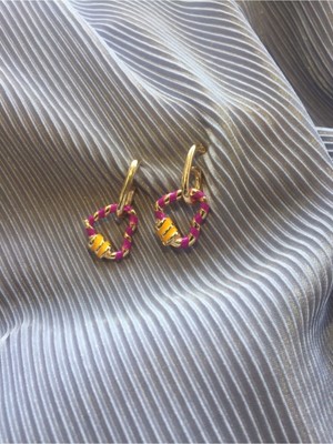 Normadia Kalp Şekilli Pembe Sarı Çizgili Kadın Çelik Halka Kolye