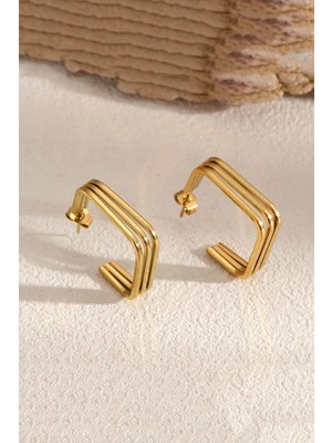 Normadia Şık Kare Tasarım Kadın Çelik Küpe, Zarif Altın Kaplama Detaylı