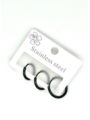 Normadia 3’lü Siyah Cerrahi Çelik Halka Küpe Seti