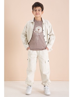 Cansın Mini Krem Kargo Cepli Jean Ceketli ve Pantolonlu Erkek Çocuk Tişörtlü 3lü Takım  23537