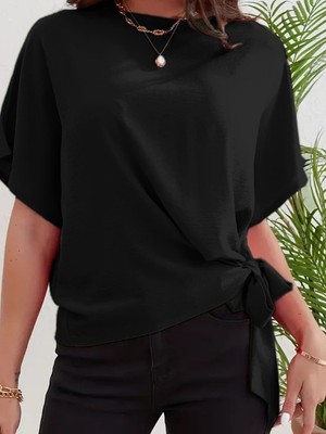 Serac Collection Kadın Kısa Kollu Bisiklet Yaka Yandan Bağlamalı Aerobin Bluz