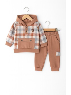 Kapüşonlu Ekose Detaylı Bebek Takımı
