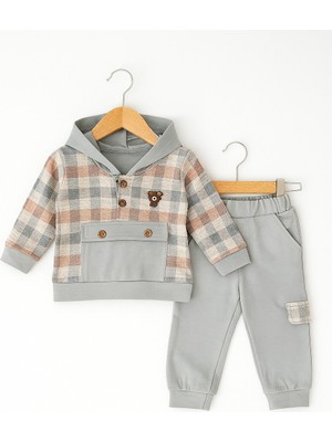 Kapüşonlu Ekose Detaylı Bebek Takımı