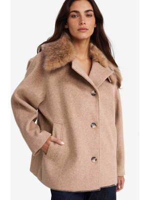 DeFacto Çıkarılabilir Suni Kürk Yaka Regular Fit Düğmeli Kaşe Kaban F1218AX25WN