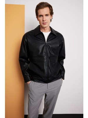 DeFacto Slim Fit Astarlı Fermuarlı Suni Deri Mont F7744AX26SP