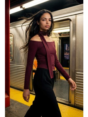 DeFacto Fitted Kayık Yaka Şal Detaylı Tişört G8086AX26SP