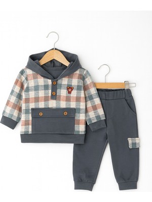 Kapüşonlu Ekose Detaylı Bebek Takımı
