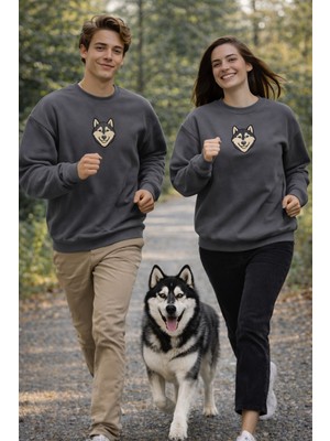 Muhtar Store Siberian Husky Köpek Desenli Sevgili Sweatshirt – Unisex Çift Kombini