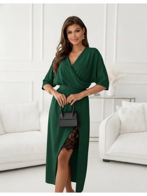 Marsilyan- Kadın Uzun Kollu Kruvaze Yakalı Yandan Dantelli Midi Ithal Krep Elbise