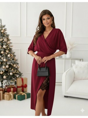 Marsilyan- Kadın Uzun Kollu Kruvaze Yakalı Yandan Dantelli Midi Ithal Krep Elbise