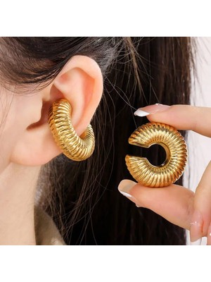 Normadia Altın Renk Tırtıklı Çelik Kulak Kulp, Tekli Ear Cuff Küpe