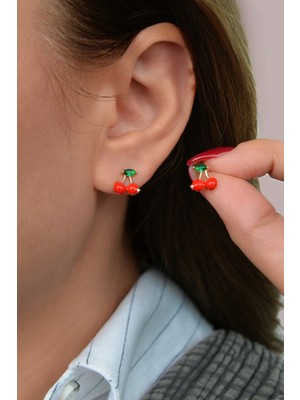 Normadia Kırmızı Kiraz Mini Küpe, 14K Gold Rodyum Kaplama, Zirkon ve Mine Detay