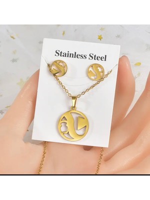 Normadia Şık Madalyon Kolye ve Küpe Seti, 316L Çelik Tasarım