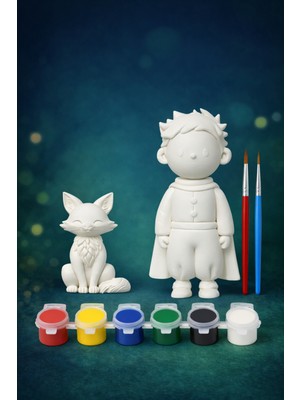 Printella Küçük Prens ve Tilki Boyanabilir Figür Seti – 2’li | 6 Renk Akrilik Boya + 2 Fırça | Eğlenceli Hobi