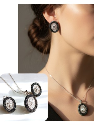 Keskin Gümüş 925 Ayar Gümüş Siyah Bombe Göz Tasarım  Kolye Küpe Kadın Set Sevgililer Günü Hediye