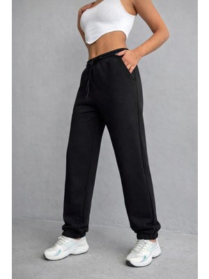 Pengora Kadın Içi Polarlı Beli ve Paçası Lastikli Kordonlu Relaxed Siyah Eşofman Altı