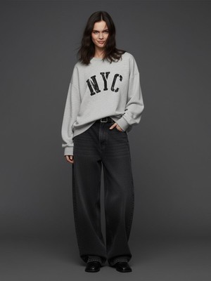 LTB Uzun Kollu Sıfır Yaka Slogan Baskılı Gri Sweatshırt