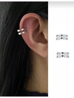 Normadia Iki Adet Deliksiz Ear Cuff Kıkırdak Küpe, Şık ve Rahat Takım