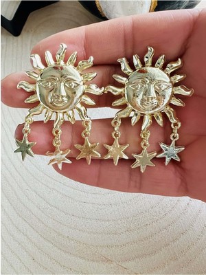 Normadia Parlak Altın Renk Yıldızlı Gülen Güneş Takı Seti