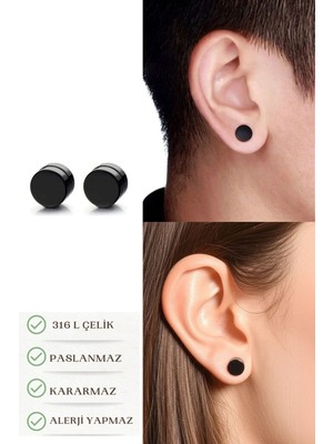 Normadia Çelik Yuvarlak Küpe 8mm, Unisex, Siyah, 2'li Set