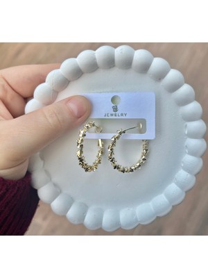 Normadia Şık Tırtıklı Çelik Gold Renkli Halka Küpe, Modern Takı Aksesuarı