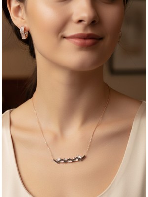 Keskin Gümüş 925 Ayar Gümüş Gold Baget Siyah Tasarım Kolye Kalp Küpe Trend Kadın Set